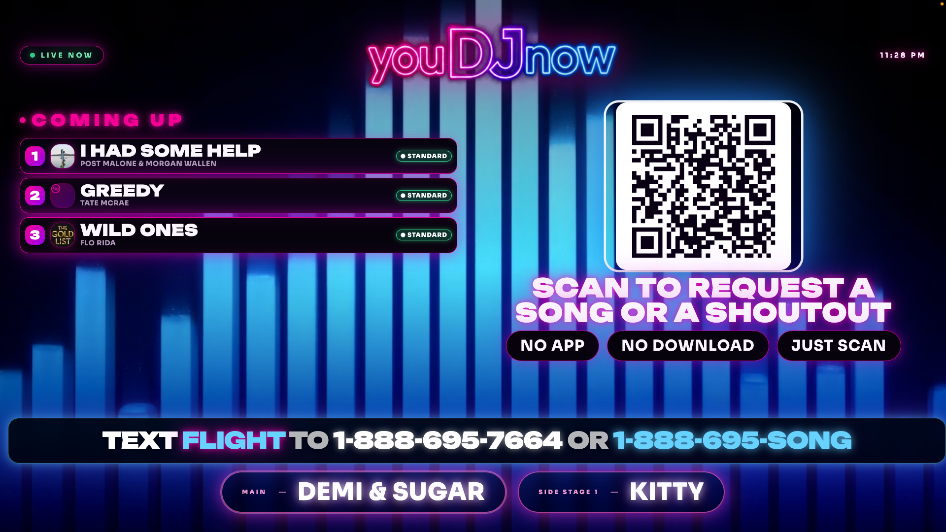 Live TV screen showing incoming song requests and dancer stage rotation