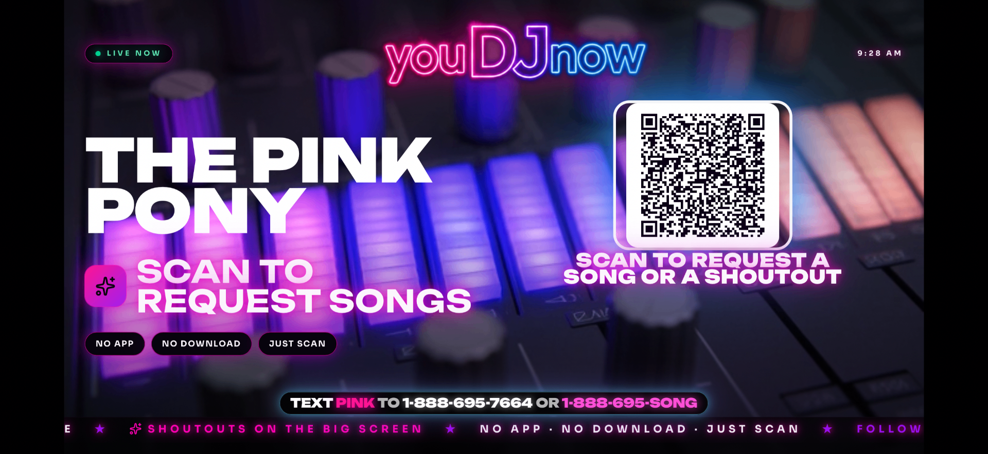 Nightclub TV showing the live YouDJNow queue, shoutouts, and dancer stage rotation